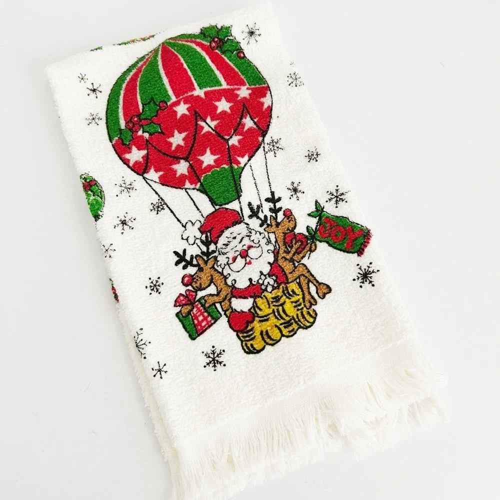 VTG 70s Santa Christmas Hand Towel Santa Claus Balloon Fringe NOS MCM Kitsch